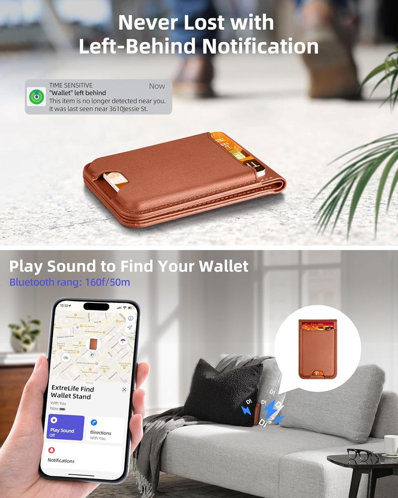 ExtreLife For Magsafe Wallet, Works with Apple Find My, Strongest Magnetic Wallet for iPhone 17/16/15/14/13/12 Series, WalletTracker with Adjustable Stand, 6 Cards Holder, Vegan Leather, Brown - Image 3